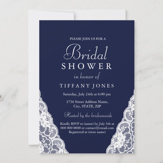 Elegant Navy Blue Lace Wedding Bridal Shower Invitation (Front)