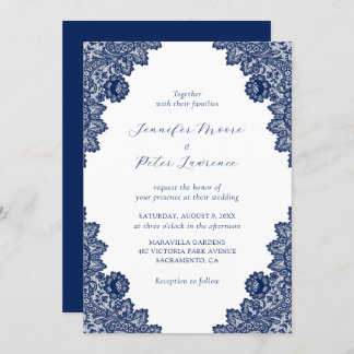 Elegant Navy Blue Lace Wedding Invitation