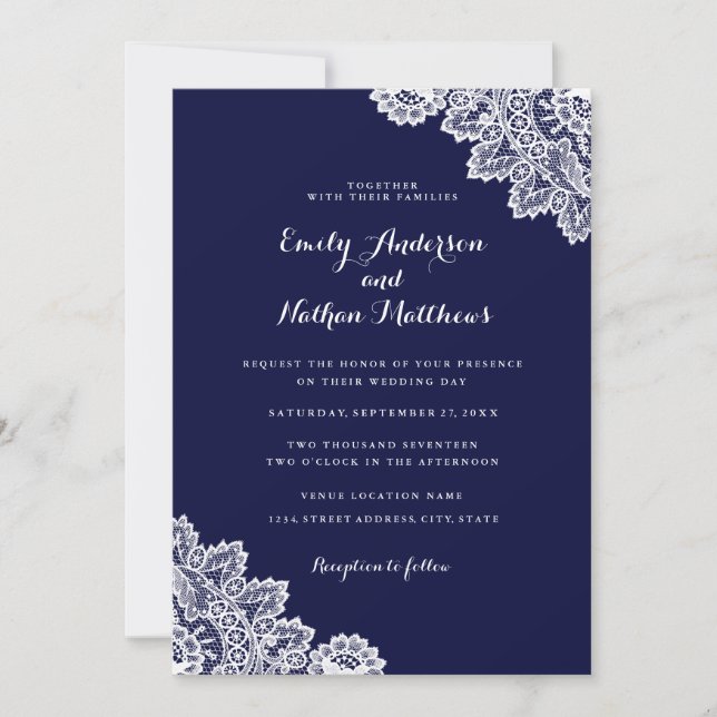 Elegant Navy Blue Lace Wedding Invitation (Front)