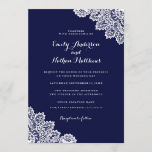 Elegant Navy Blue Lace Wedding Invitation