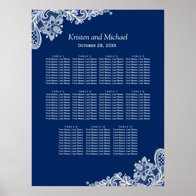 Elegant Navy Blue Lace Wedding Seating Chart Poster