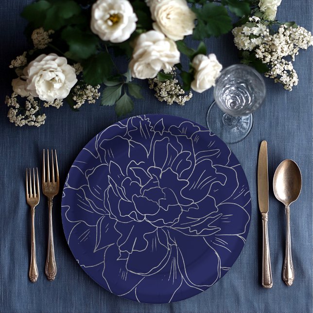 Elegant Navy Blue Large Silver Floral Paper Plates (Creator Uploaded)