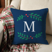 Elegant Navy Blue Laurel Monogram Christmas