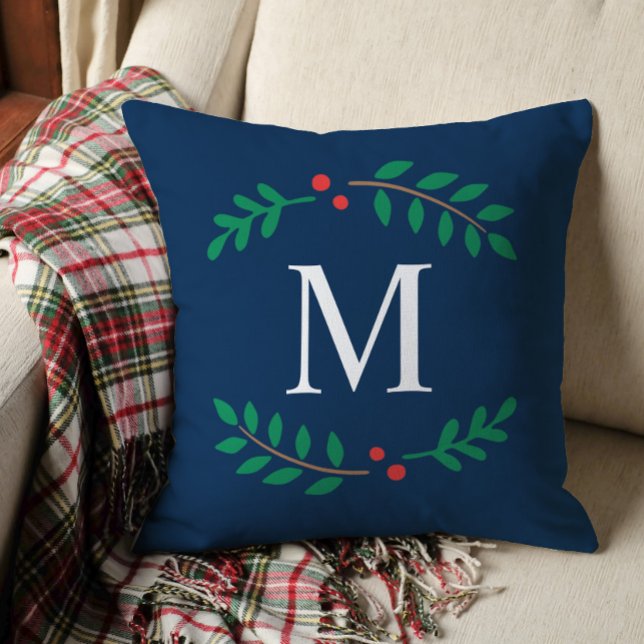 Elegant Navy Blue Laurel Monogram Christmas Throw Pillow (Creator Uploaded)