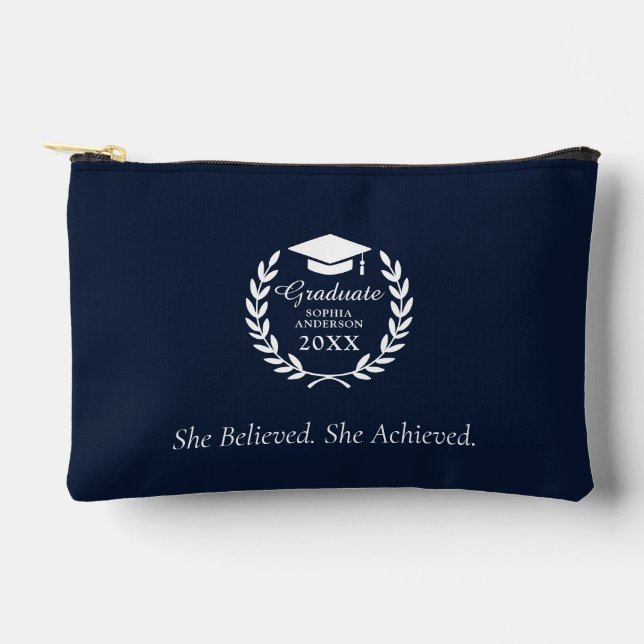 Elegant Navy Blue Laurel Wreath Graduation Year Accessory Pouch (Front)