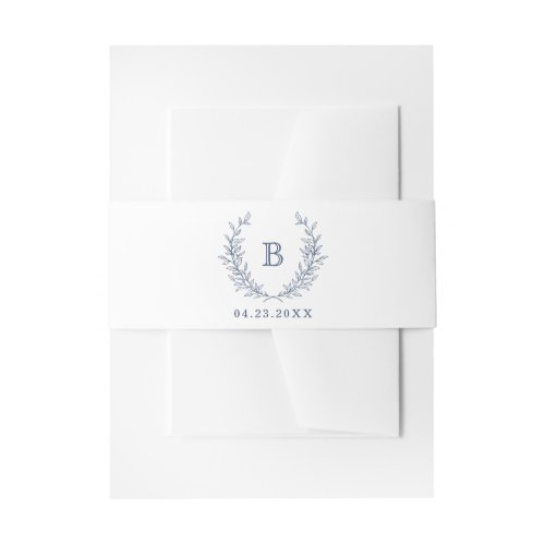 Elegant Navy Blue Laurel Wreath Wedding Monogram Invitation Belly Band