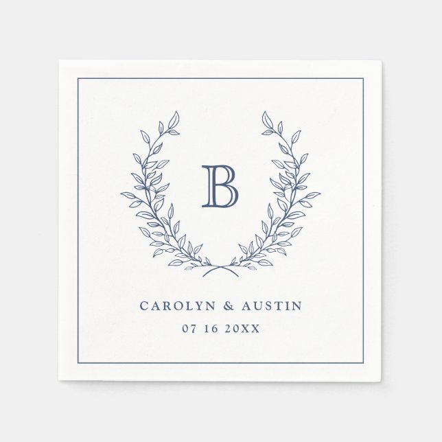 Elegant Navy Blue Laurel Wreath Wedding Monogram Napkins (Front)