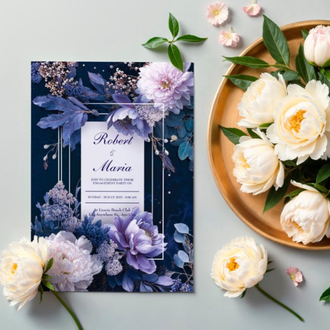 Elegant Navy Blue Lavender White Floral Wedding Invitation (Creator Uploaded)