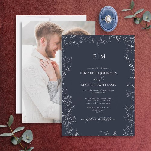Elegant Navy Blue Leaf Photo Monogram Wedding Invitation