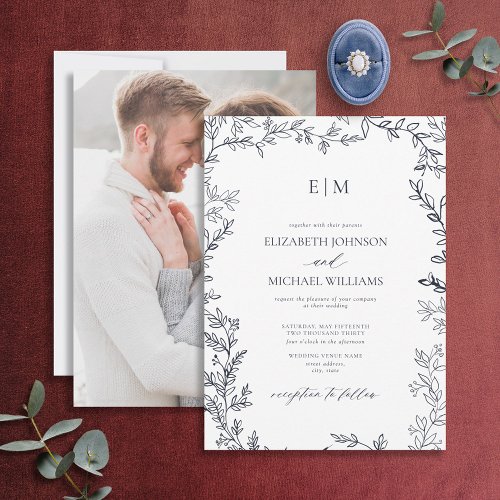 Elegant Navy Blue Leaf Photo Monogram Wedding Invitation