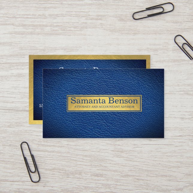 Elegant Navy Blue Leather Gold Label Professional  Business Card (Front/Back In Situ)