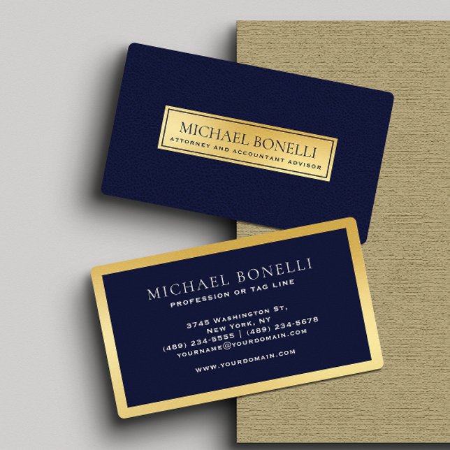 Elegant Navy Blue Leather Gold Label Professional Business Card (Creator Uploaded)