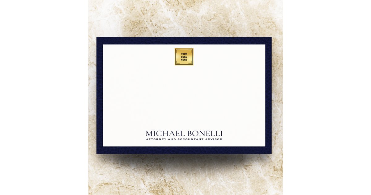 Elegant Navy Blue Leather Gold Logo Monogram Note Card | Zazzle