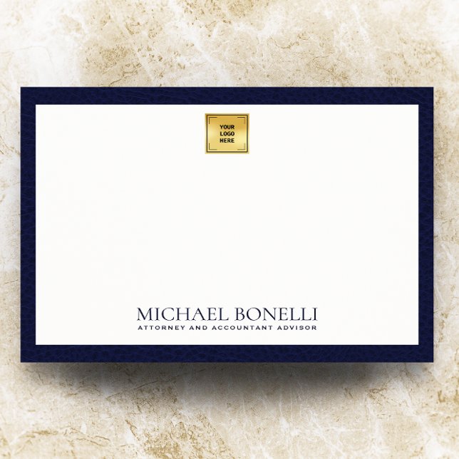 Elegant Navy Blue Leather Gold Logo Monogram Note Card (Creator Uploaded)