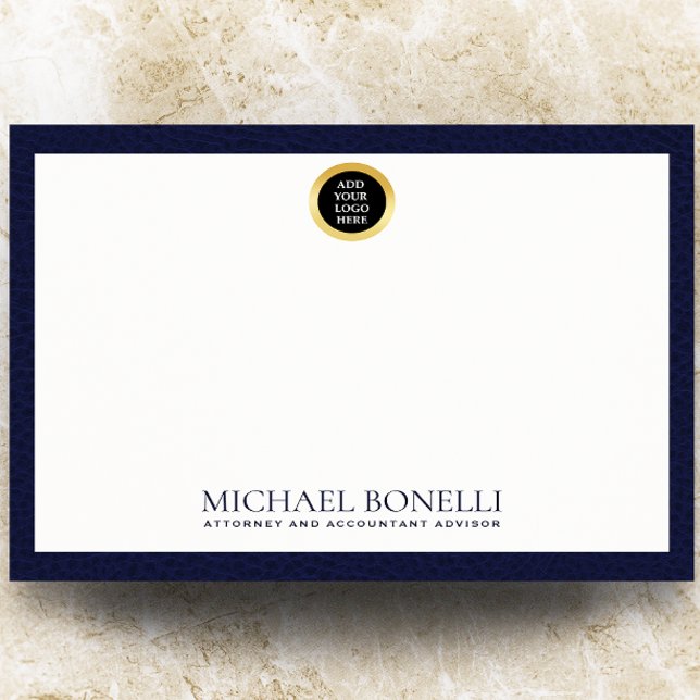 Elegant Navy Blue Leather Gold Round Logo Monogram Note Card (Creator Uploaded)
