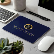 Elegant Navy Blue Leather Luxury Gold ROUND Logo  Mouse Pad