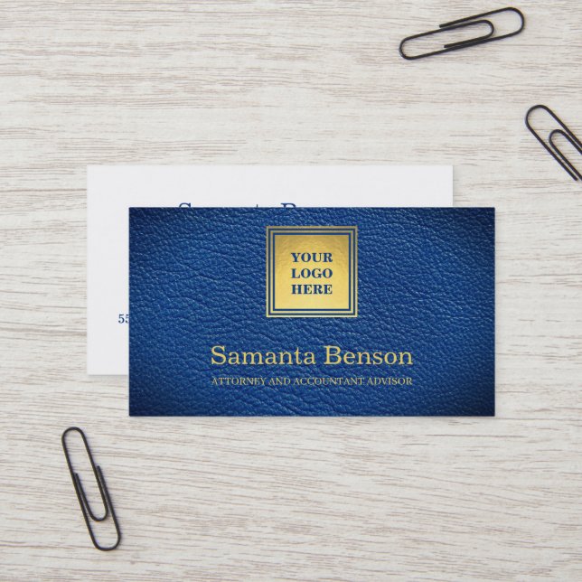 Elegant Navy Blue Leather Professional Your Logo Business Card (Front/Back In Situ)