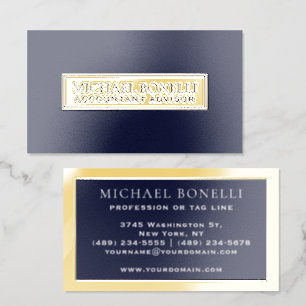 Elegant Navy Blue Leather REAL FOIL Label Business Cards