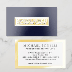 Elegant Navy Blue Leather REAL FOIL Label Business Cards