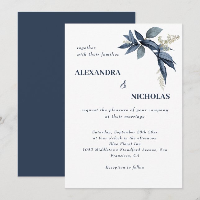 Elegant Navy Blue Leaves Botanical Wedding Invitation (Front/Back)