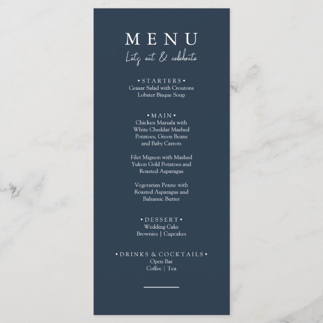 Elegant Navy Blue Let's Eat Calligraphy Wedding Menu (Front)