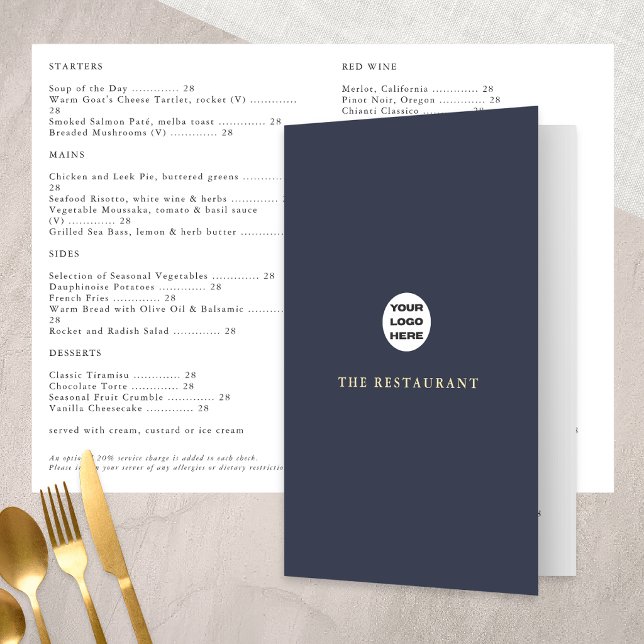 Elegant Navy Blue Luxury Restaurant Template Menu (A stylish restaurant menu with a dark navy blue cover, with custom logo, text and QR code)