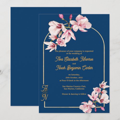 Elegant Navy Blue Magnolia Floral Wedding Invitation