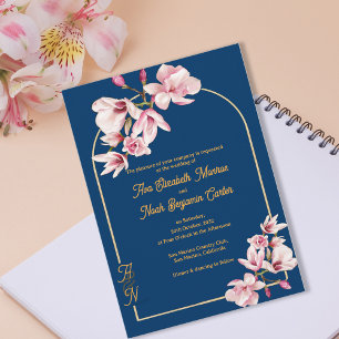 Elegant Navy Blue Magnolia Floral Wedding Invitation