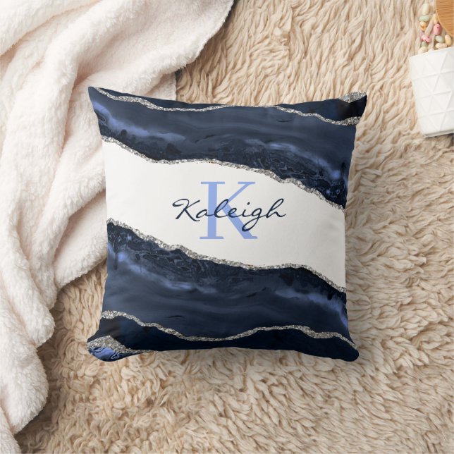 Elegant Navy Blue Marble Silver Glitter Monogram Throw Pillow (Blanket)