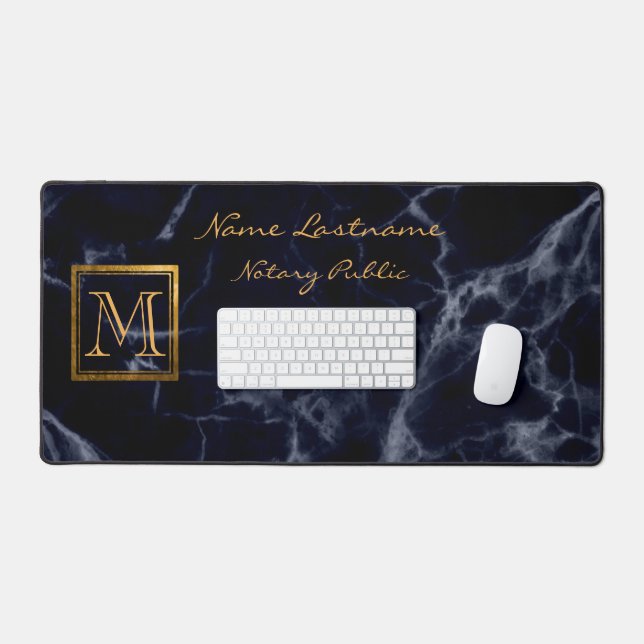 Elegant Navy Blue Marble Square Gold Monogram Desk Mat (Keyboard & Mouse)