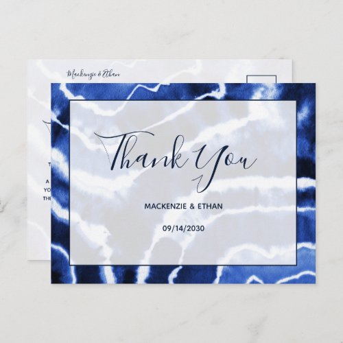 Elegant Navy Blue Marble Tie Dye Wedding Thank You Postcard