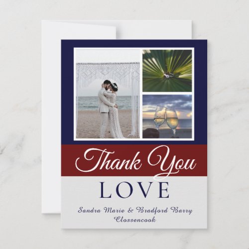 Elegant Navy Blue  Maroon Wedding Photo collage  Thank You Card