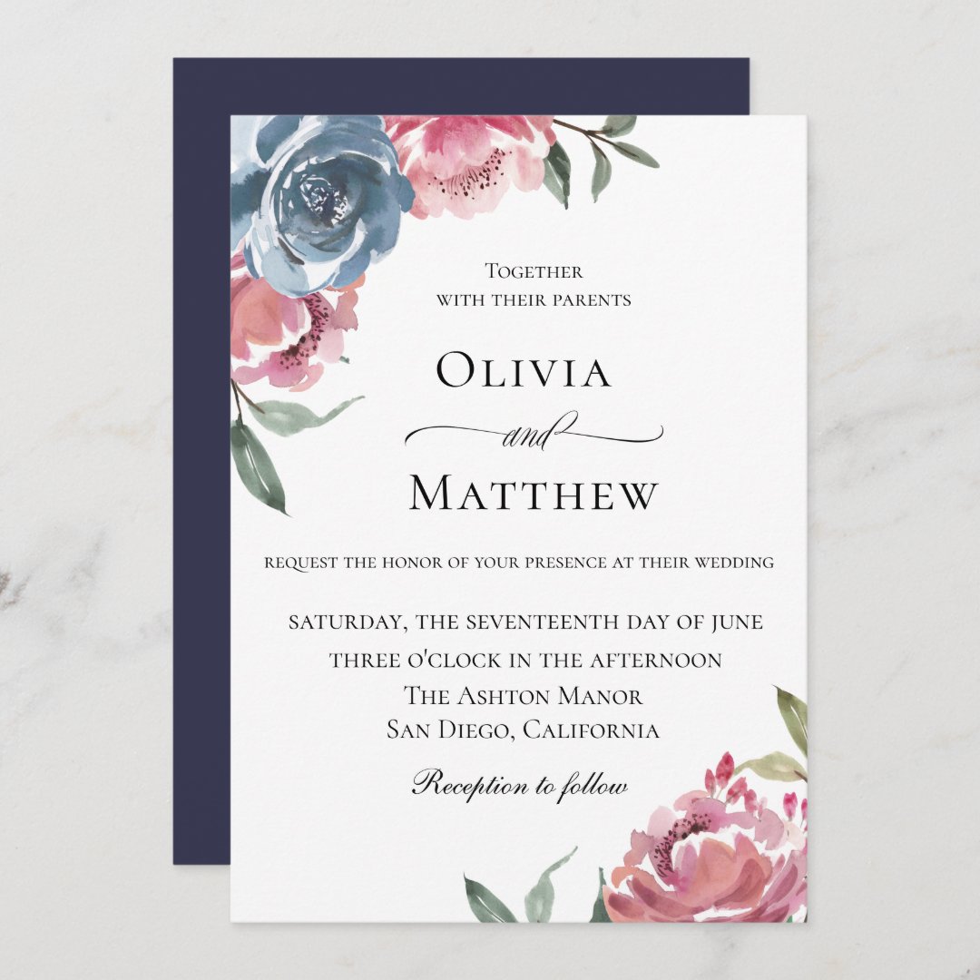 Elegant Navy Blue Mauve Botanical Wedding Invitation | Zazzle