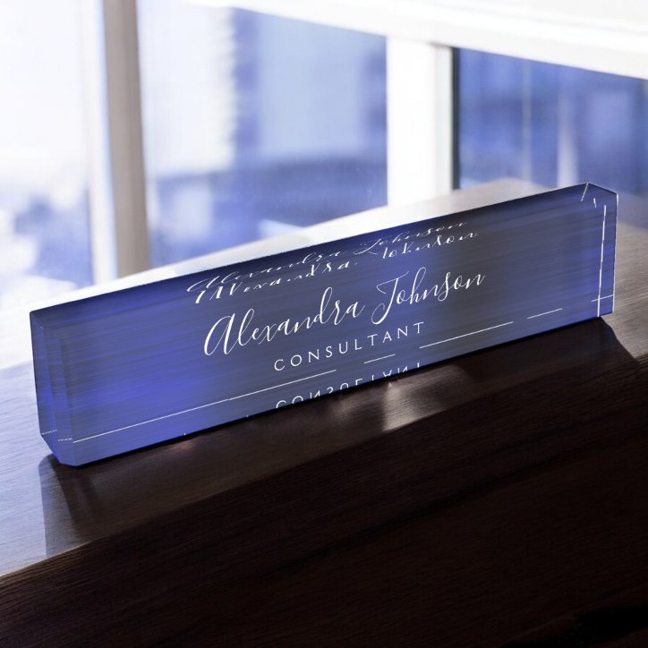 Elegant Navy Blue Metallic Professional Business Desk Name Plate