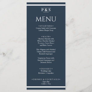 Elegant Navy Blue Minimal Monogram Dinner Wedding Menu