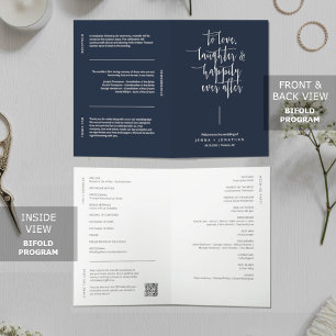 Elegant Navy Blue Minimal QR Code Wedding Folded Program