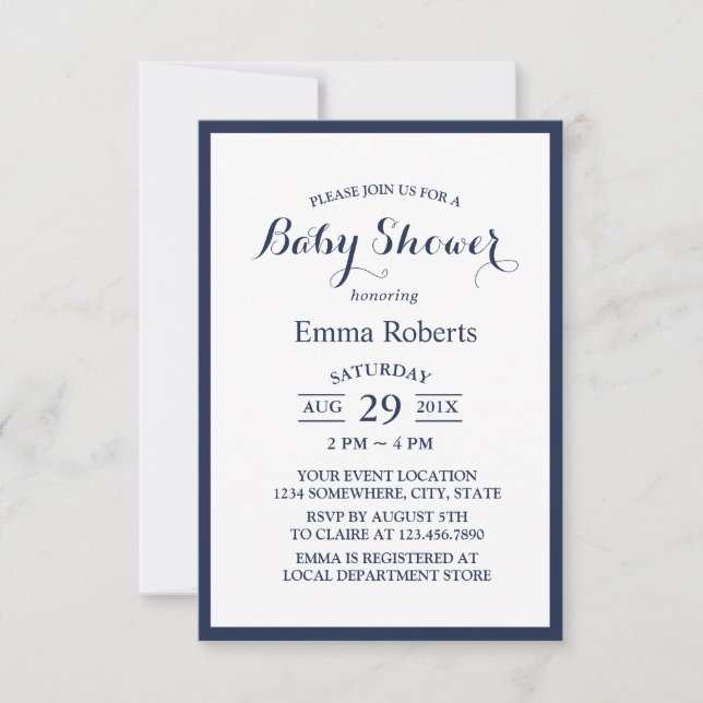 Elegant Navy Blue Minimalist Baby Shower Invitation (Front)