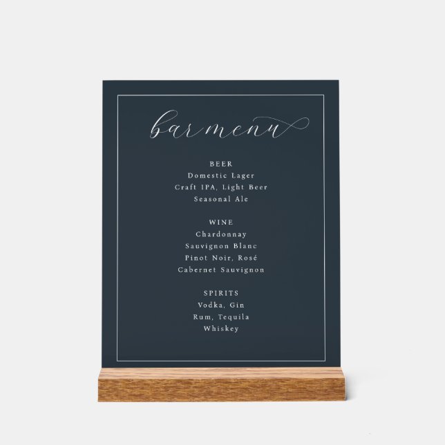 Elegant Navy Blue Minimalist Bar Menu Acrylic Sign (Front)
