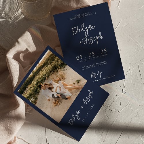 Elegant Navy Blue Minimalist Modern Photo Wedding Invitation