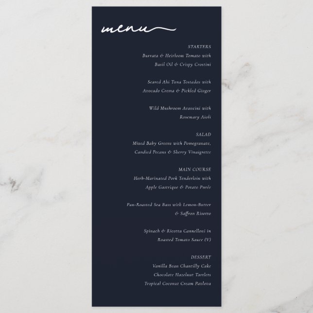 Elegant Navy Blue Minimalist Wedding Menu (Front)