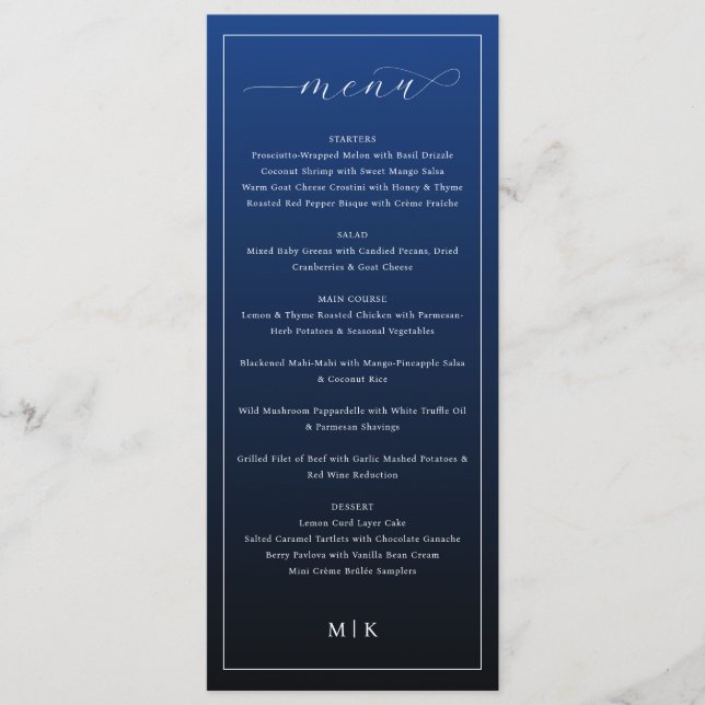 Elegant Navy Blue Minimalist Wedding Menu (Front)