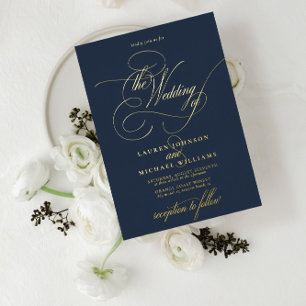 Elegant Navy Blue Modern Calligraphy Wedding Foil Invitation