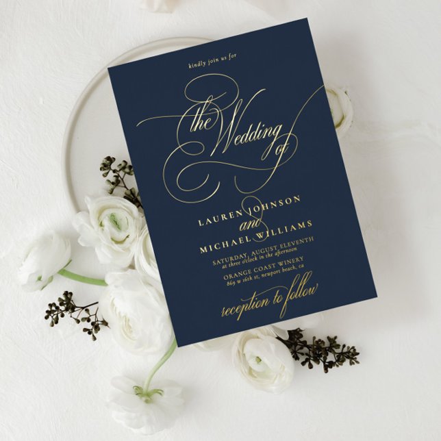 Elegant Navy Blue Modern Calligraphy Wedding Foil Invitation (Creator Uploaded)
