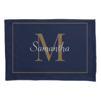 Elegant Navy Blue Modern Gold Monogram Pillow Case