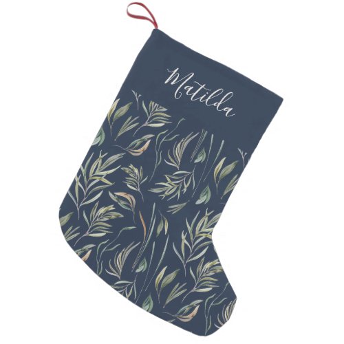 Elegant navy blue modern minimal botanical script small christmas stocking