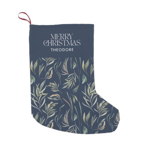 Elegant navy blue modern minimal botanical small christmas stocking