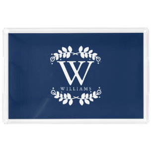 Elegant Navy Blue Modern Monogram Acrylic Tray