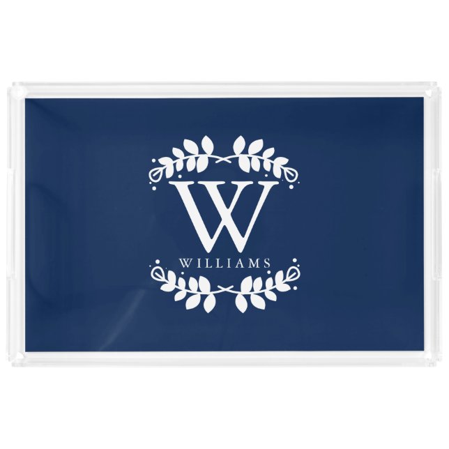 Elegant Navy Blue Modern Monogram Acrylic Tray (Front)