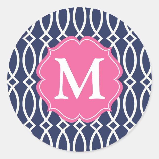 Elegant Navy Blue Modern Trellis Monogrammed Classic Round Sticker (Front)
