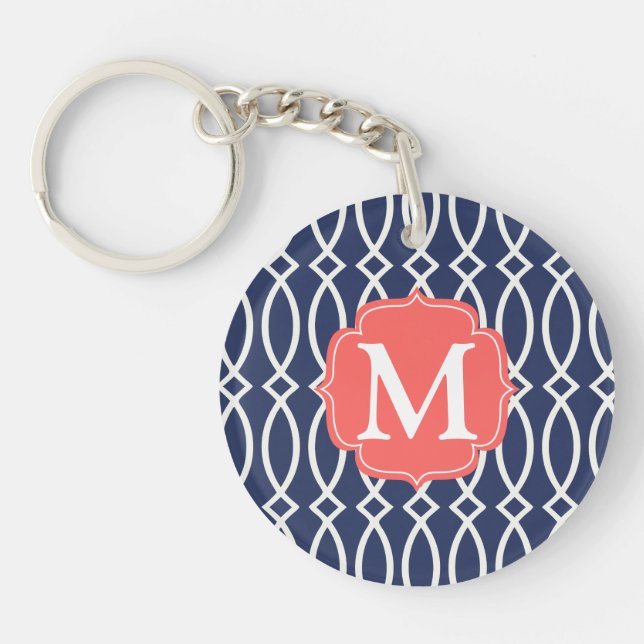 Elegant Navy Blue Modern Trellis Monogrammed Keychain (Front)